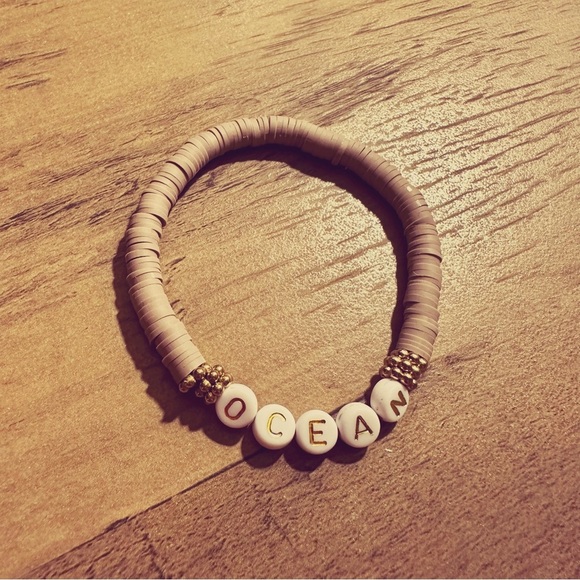 Jewelry - NEW “OCEAN” Tan Rubber Gold Alphabet Stretch Boho Bracelet